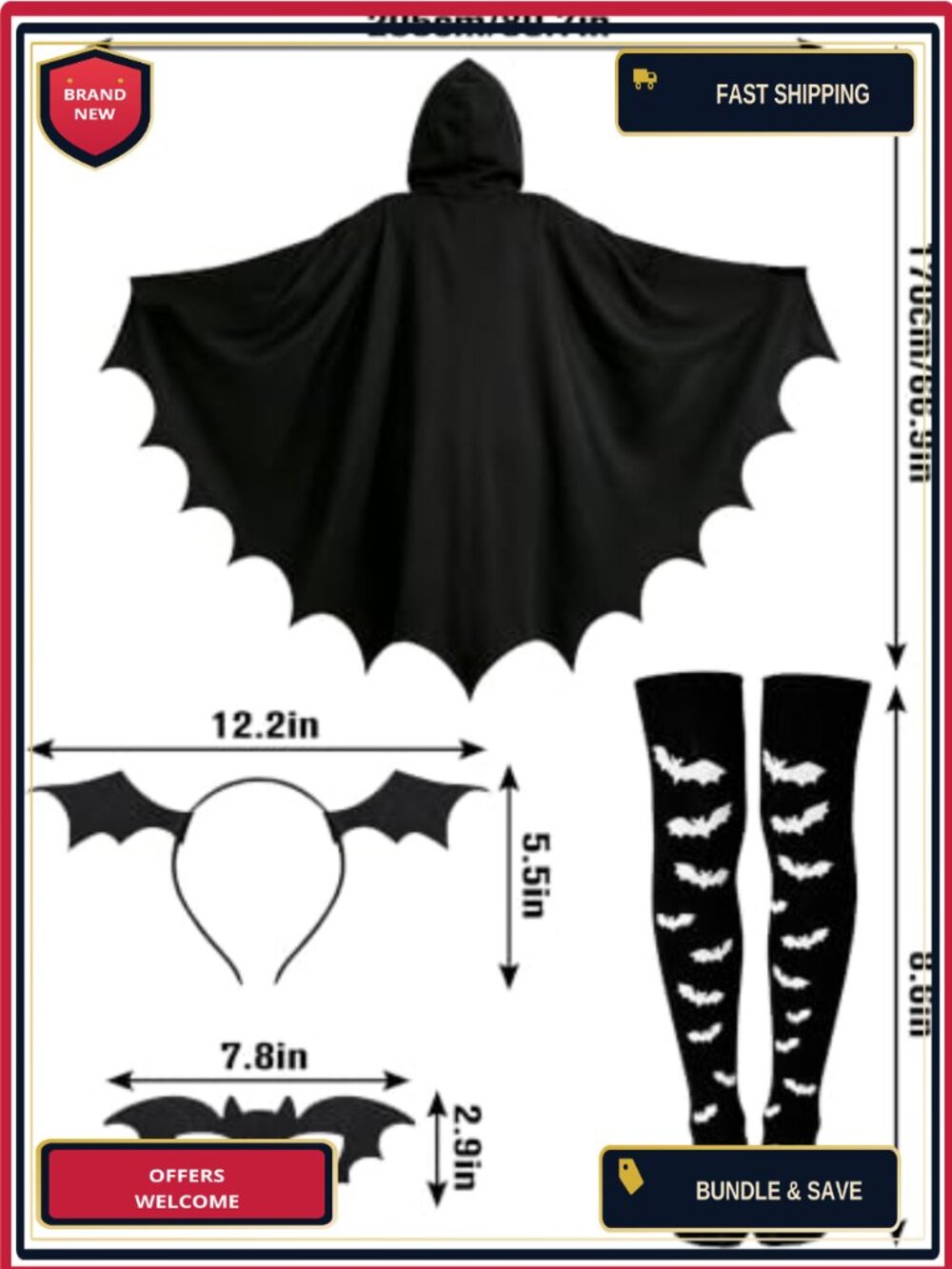 Bat Halloween Costume Set Wings Cloak Mask Headband Tights Cosplay - Picture 6 of 6